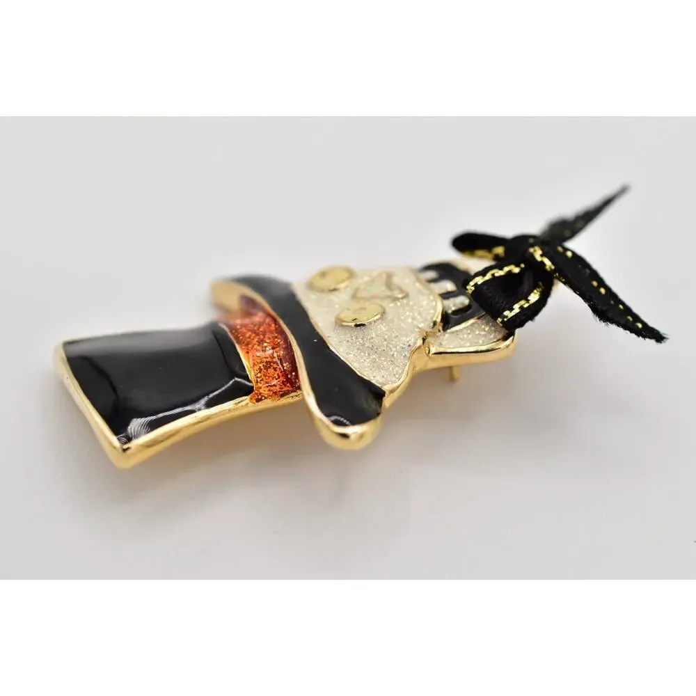 Vintage Halloween Skull Pin Brooch Skeleton Top Hat Glitter Enamel Chunky BinBA